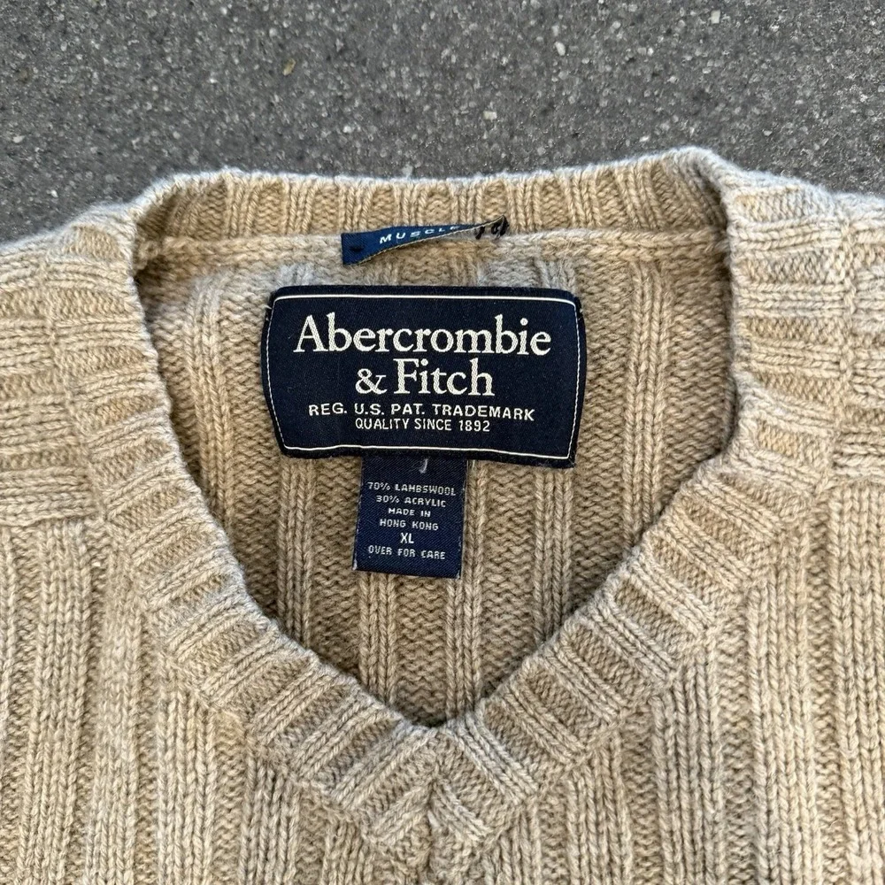 Vintage Abercrombie And Fitch Men's Vneck Tan Ribbed Wool Blend Sweater Preppy‎